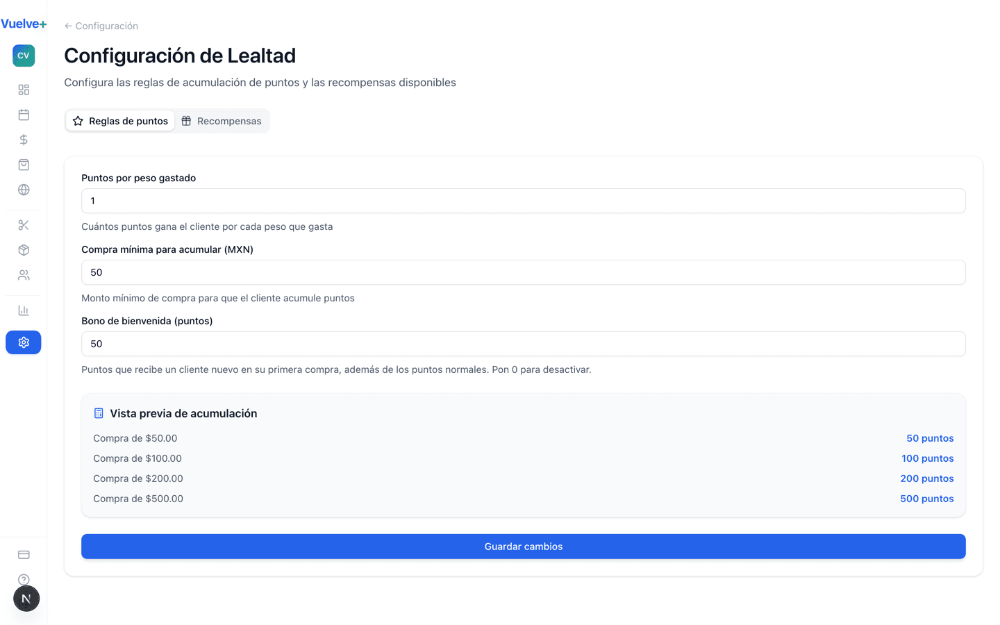 Programa de lealtad Vuelve+ — puntos, recompensas y promos por WhatsApp